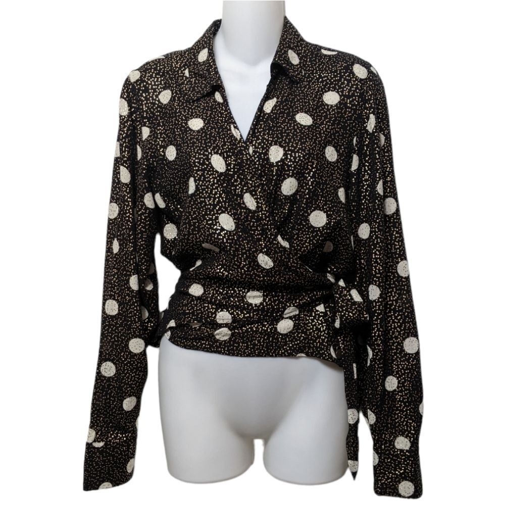 STONE ROW Polka Dot Metallic Glitter Wrap Top Blouse M